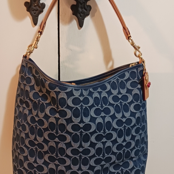 Coach Handbags - Coach Navy Signature Jacquard Hobo with Tan Strap